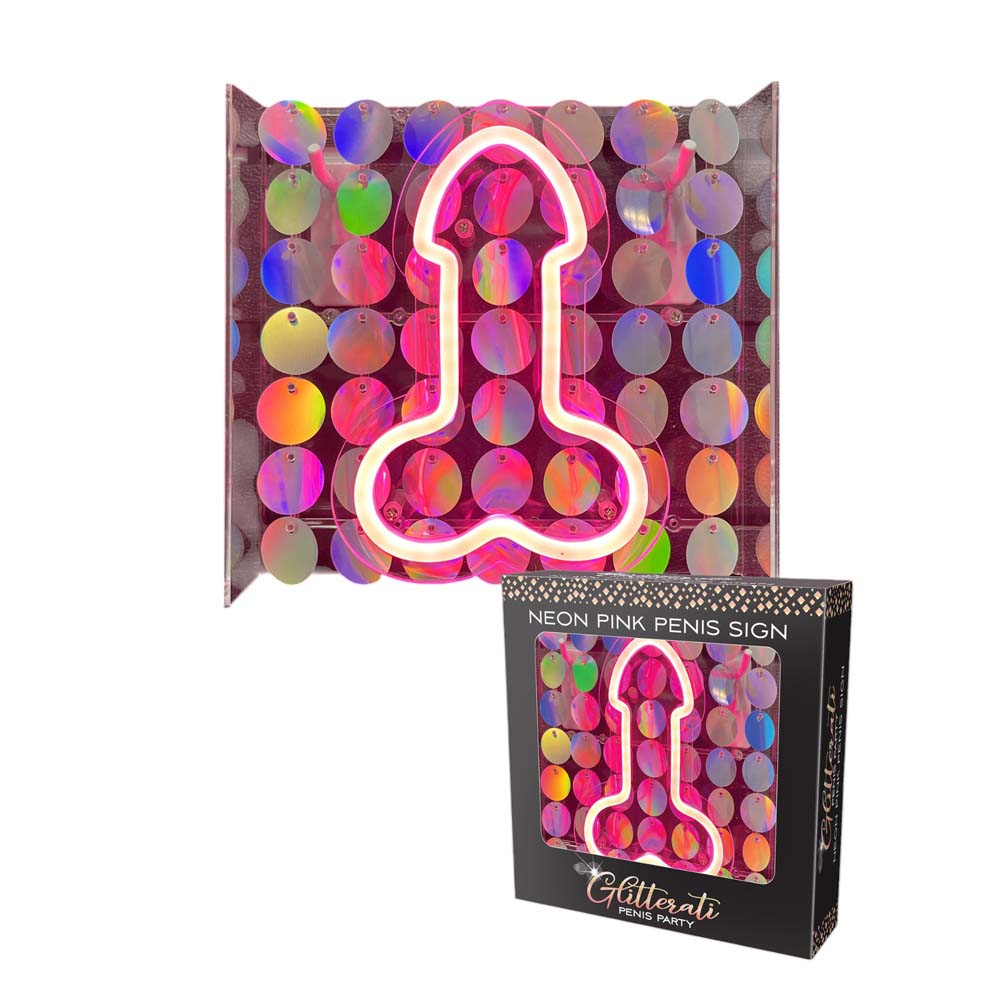 Neon pink penis light with a sequin backdrop.