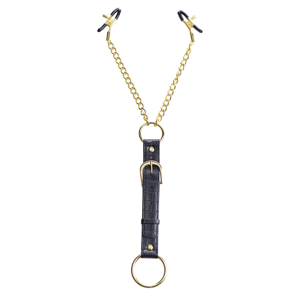 Gold nipple clamps and cock ring set with leather strap.