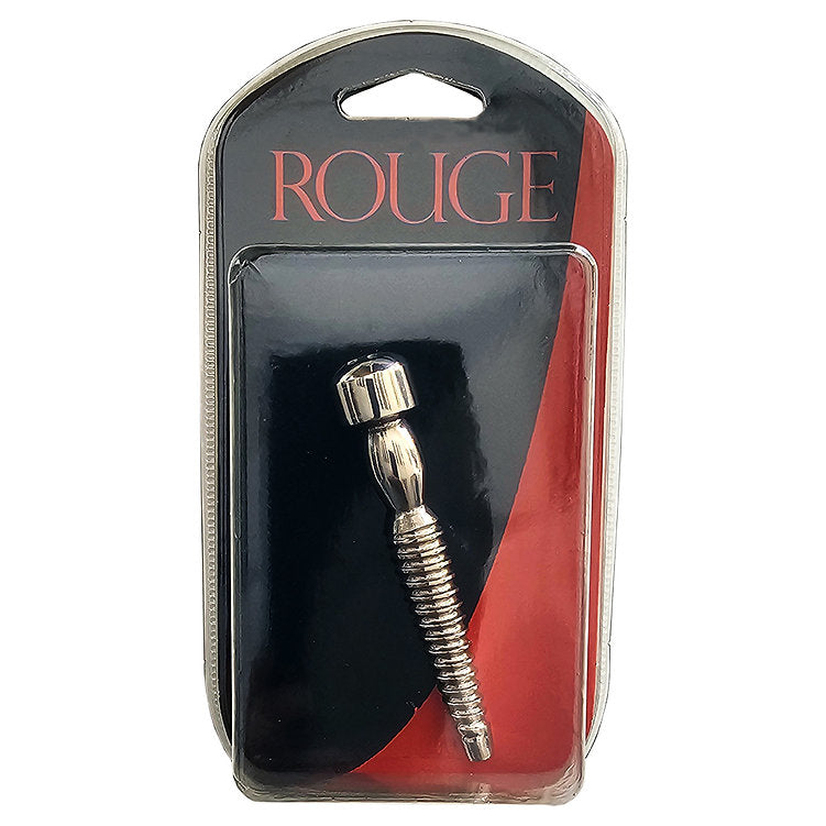Stainless steel penis plug with a shower head design in Rouge packaging.