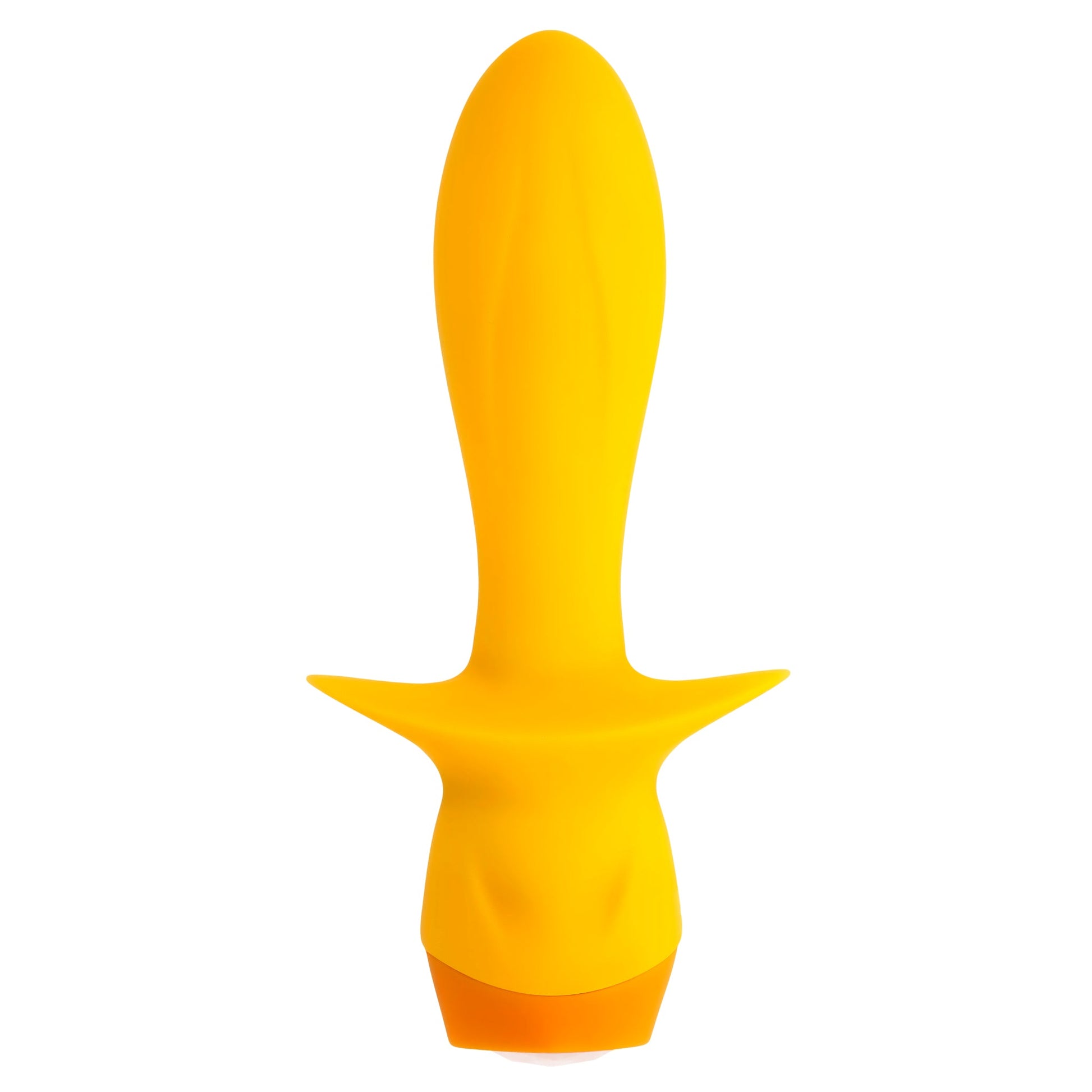 A yellow silicone vibrating plug with a flared base.