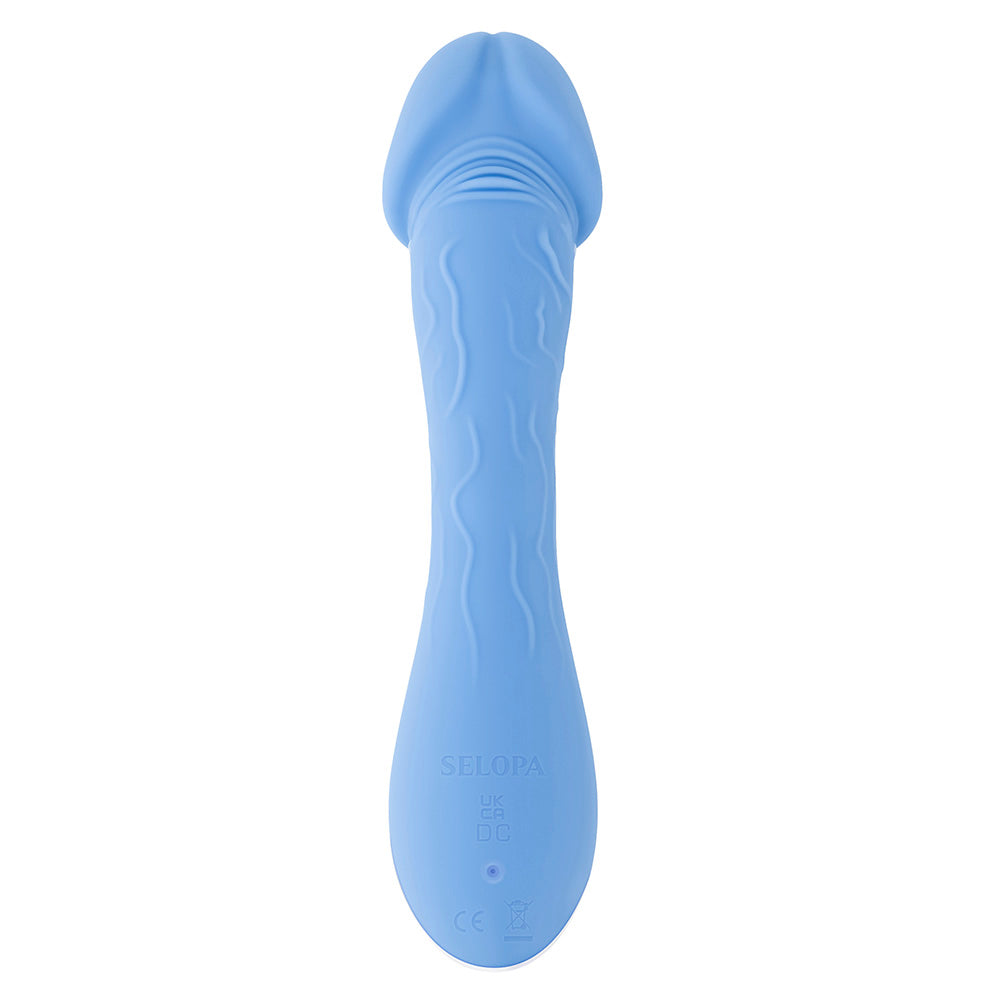 A blue Selopa vibrator with a textured shaft and realistic head.