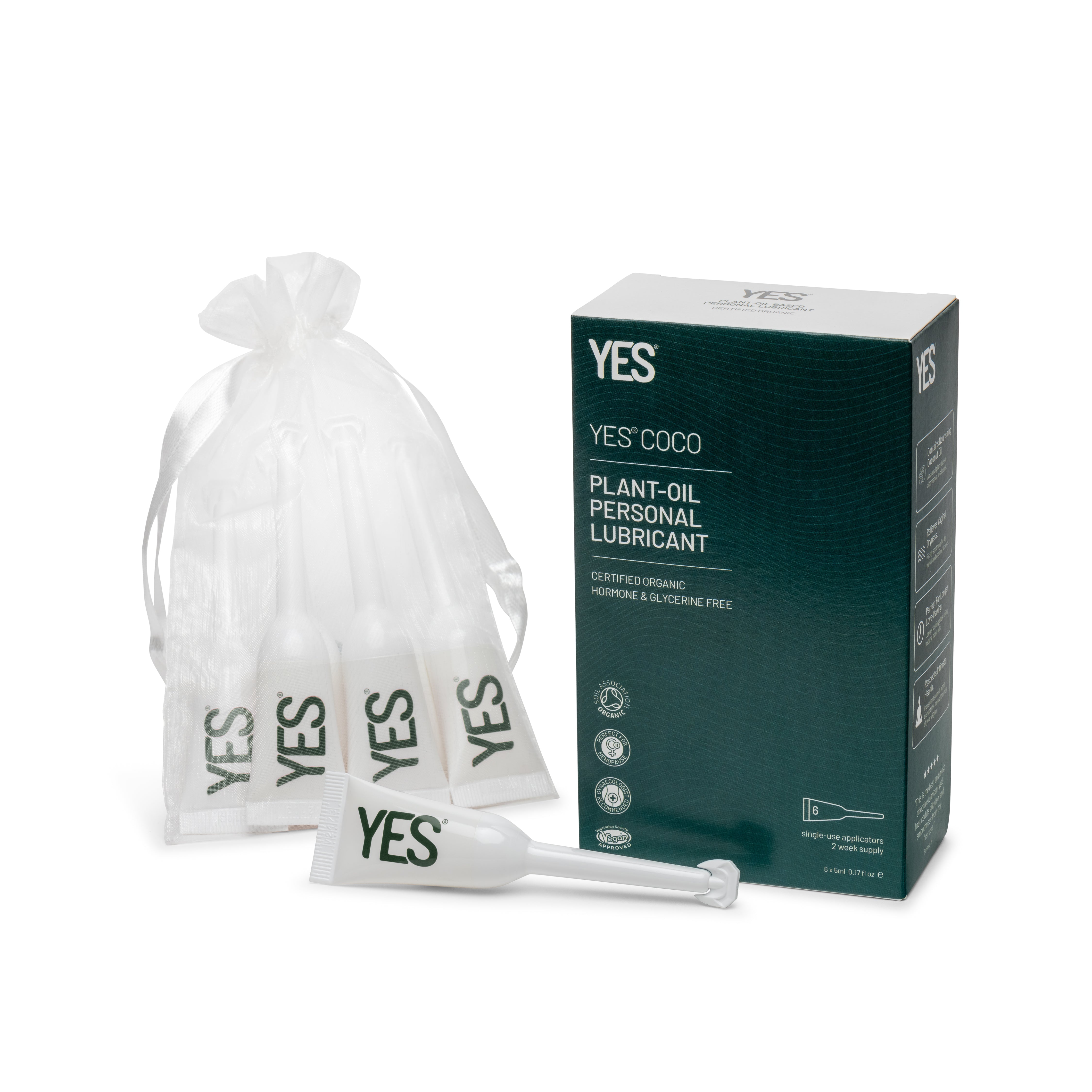 YES Lubricants organic coconut oil lubricant with six single-use applicators.