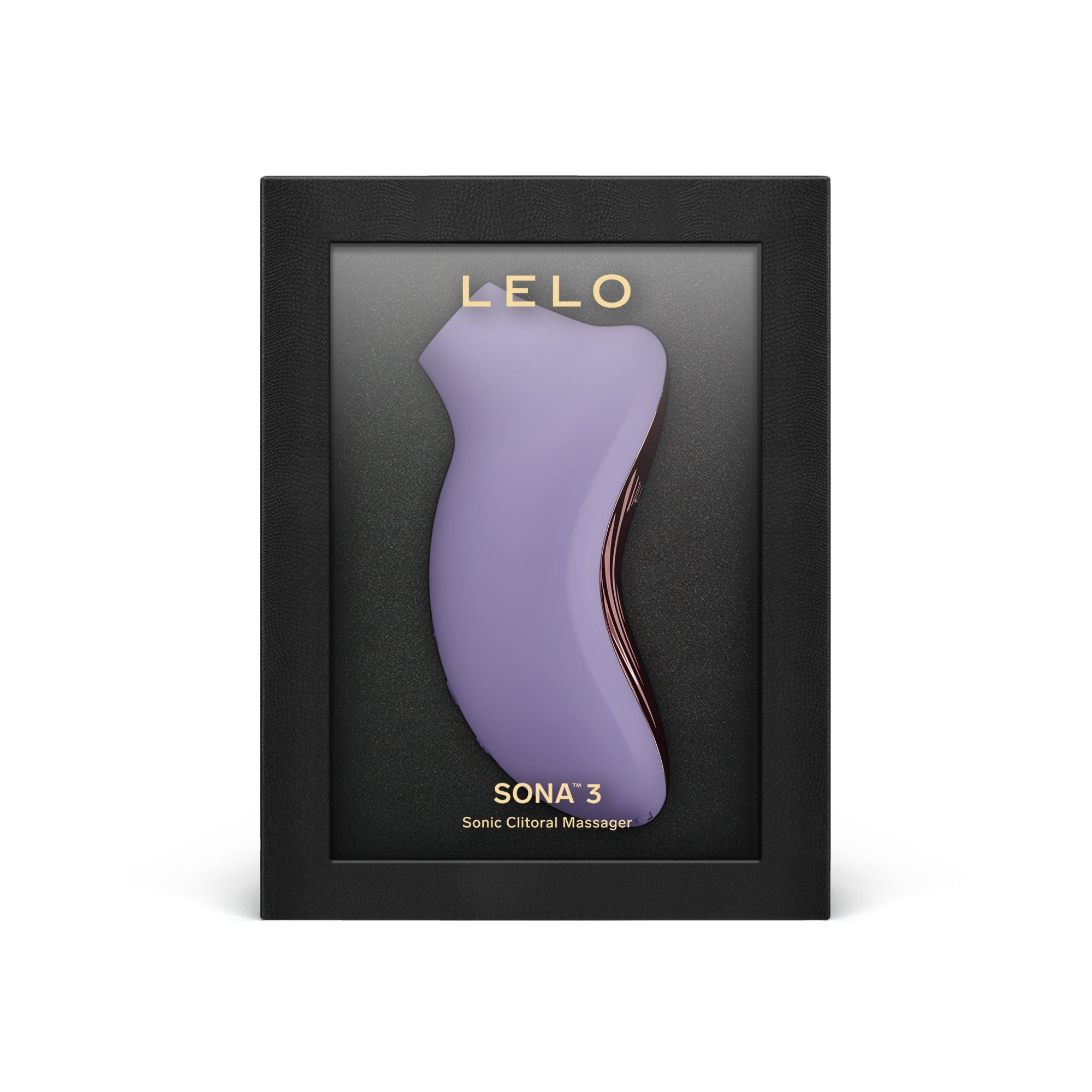 A purple LELO SONA 3 sonic clitoral massager in a black display box.