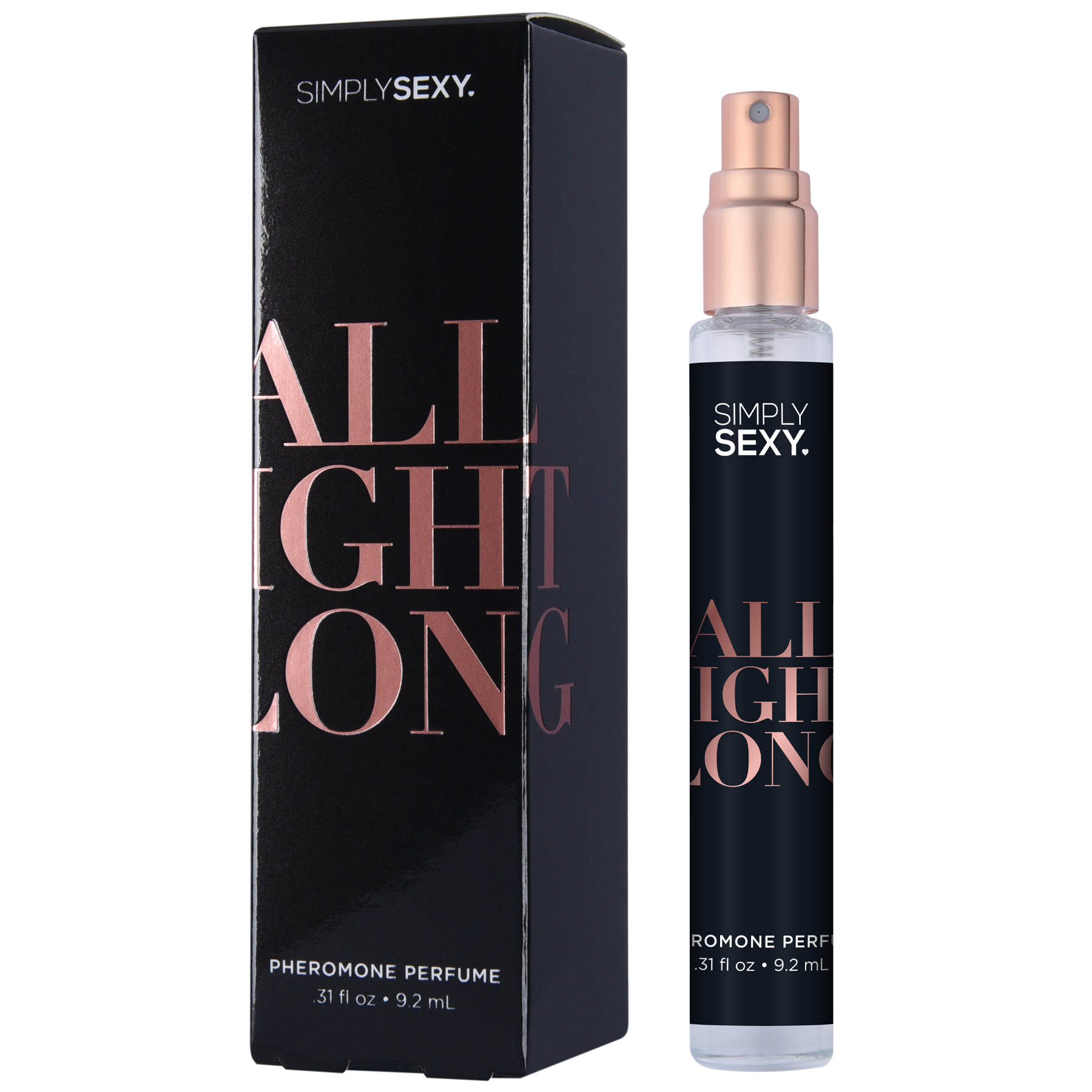 Simply Sexy All Night Long pheromone perfume spray in a black bottle with rose gold accents.