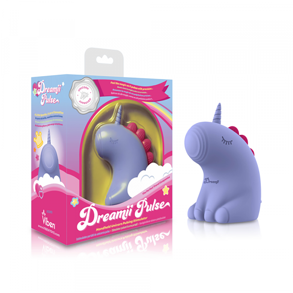 A purple silicone unicorn vibrator with pink accents, shown in packaging and as a standalone product.