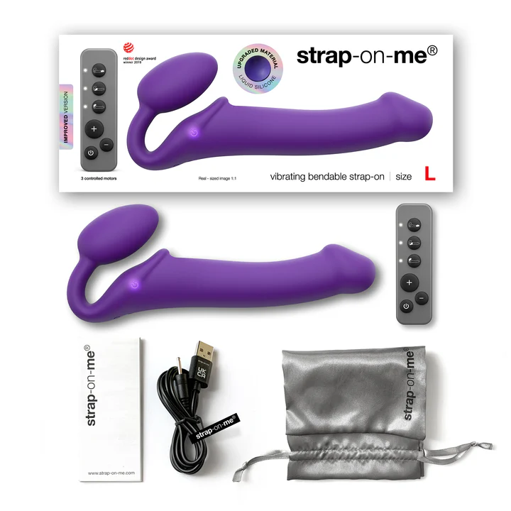 Purple vibrating bendable strap-on with remote control and charging cable.
