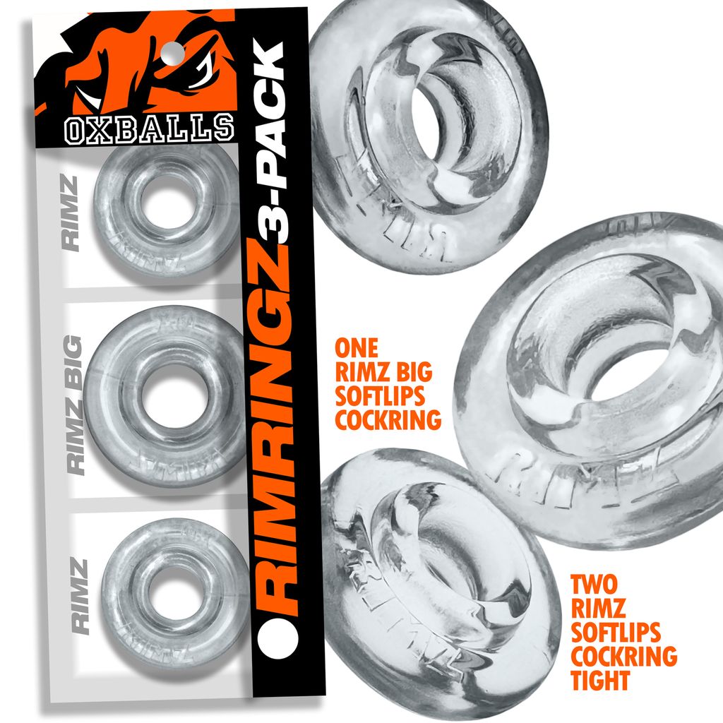 Clear Rimringz 3-pack cock rings in regular and big sizes.