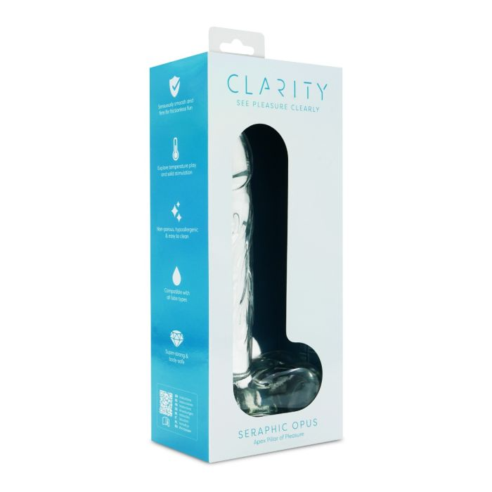 A clear glass dildo in its packaging, featuring product information.