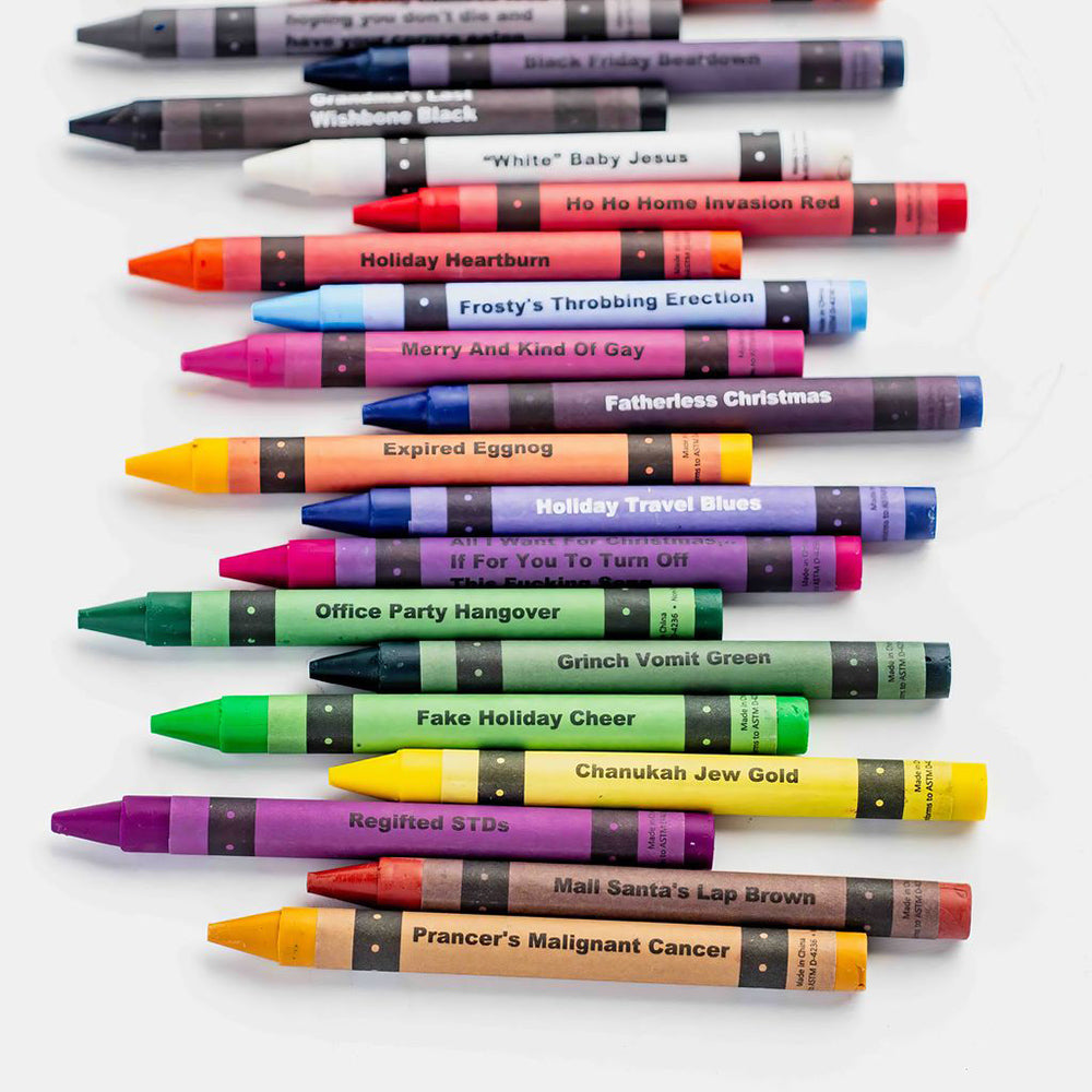 A collection of 24 assorted offensive holiday-themed crayons.