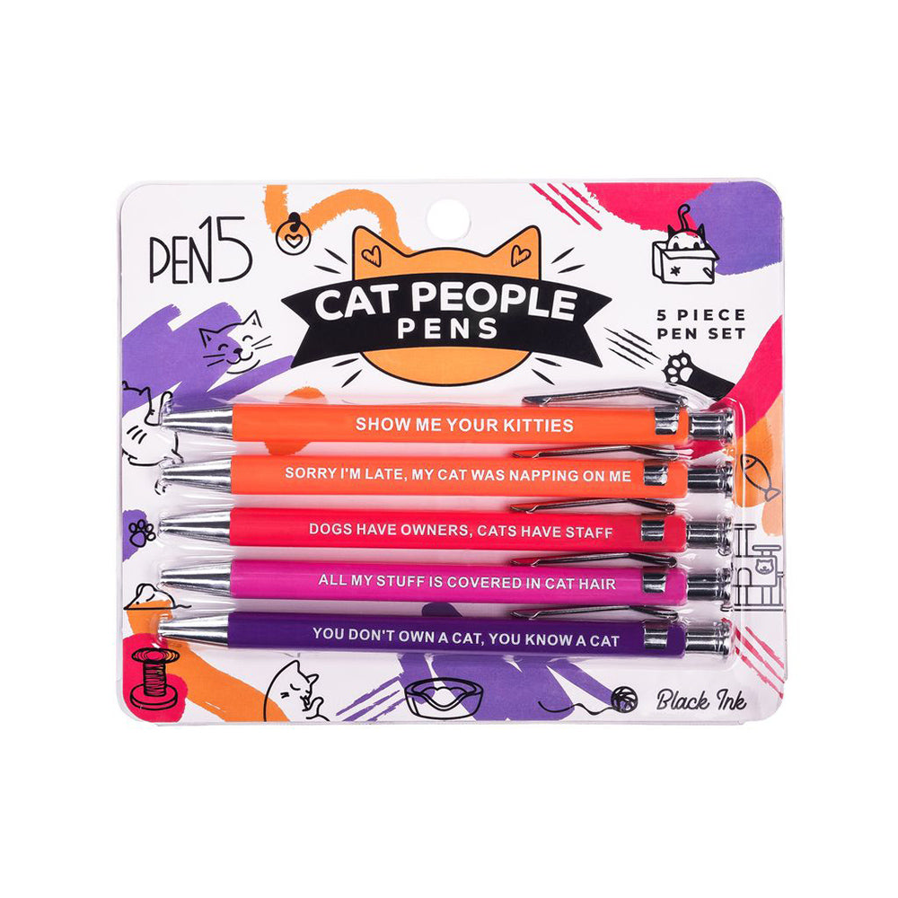 A set of five colorful pens with cat-themed phrases.