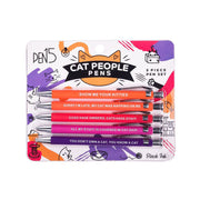A set of five colorful pens with cat-themed phrases.