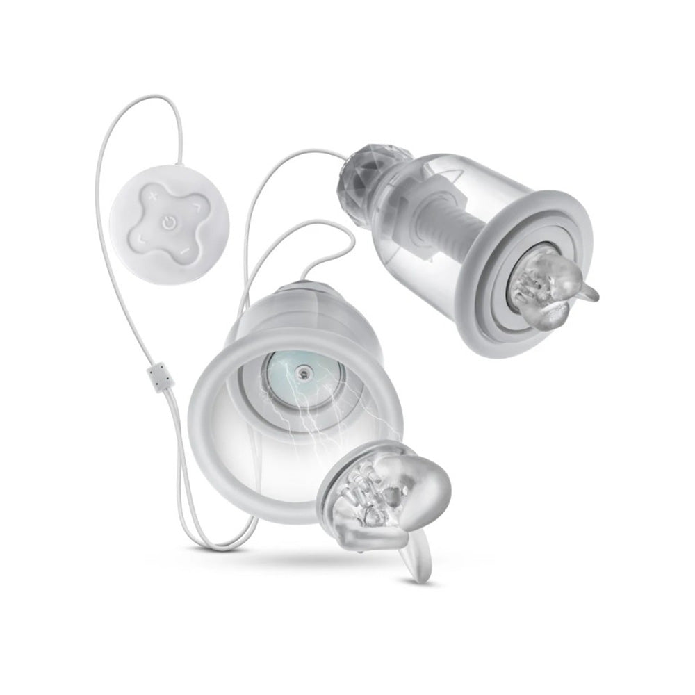 Wearable nipple massager with remote control and adjustable cups.