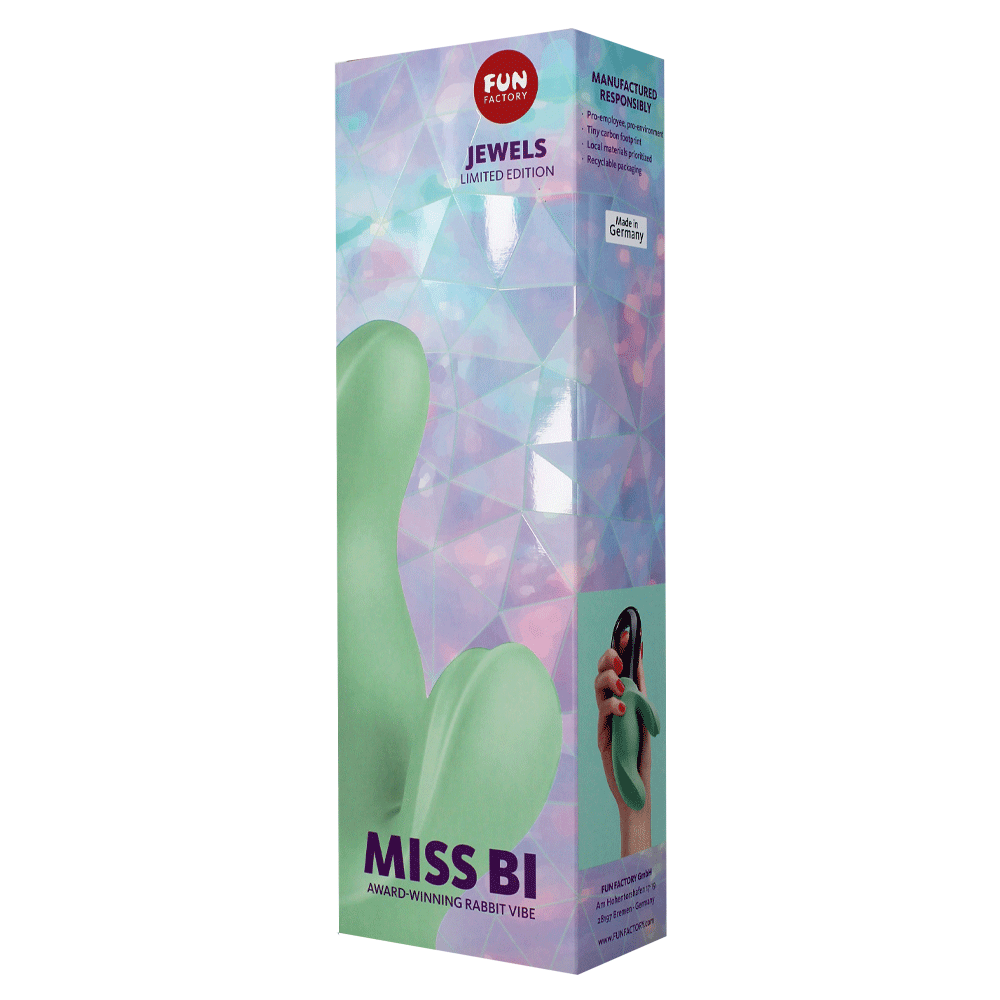 A green dual stimulation vibrator with "Miss Bi" and "Award-Winning Rabbit Vibe" text on the box.