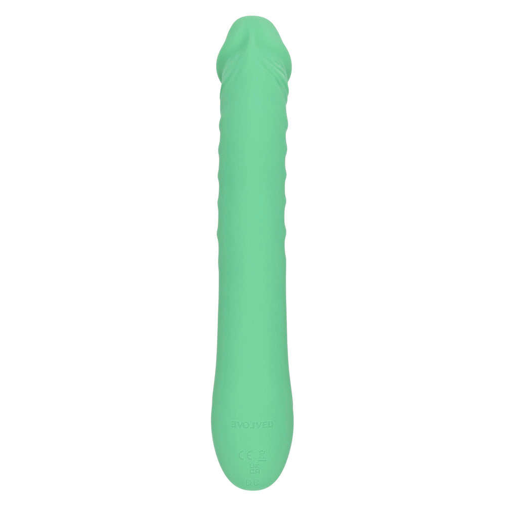 Green ribbed heating rabbit vibrator with curved shaft and external stimulator.