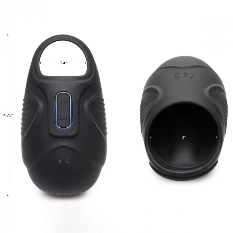 Black vibrating silicone ball sack with dimensions labeled.