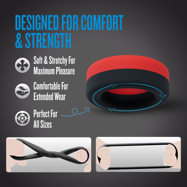 A thick, red and black silicone cock ring designed for comfort and strength.