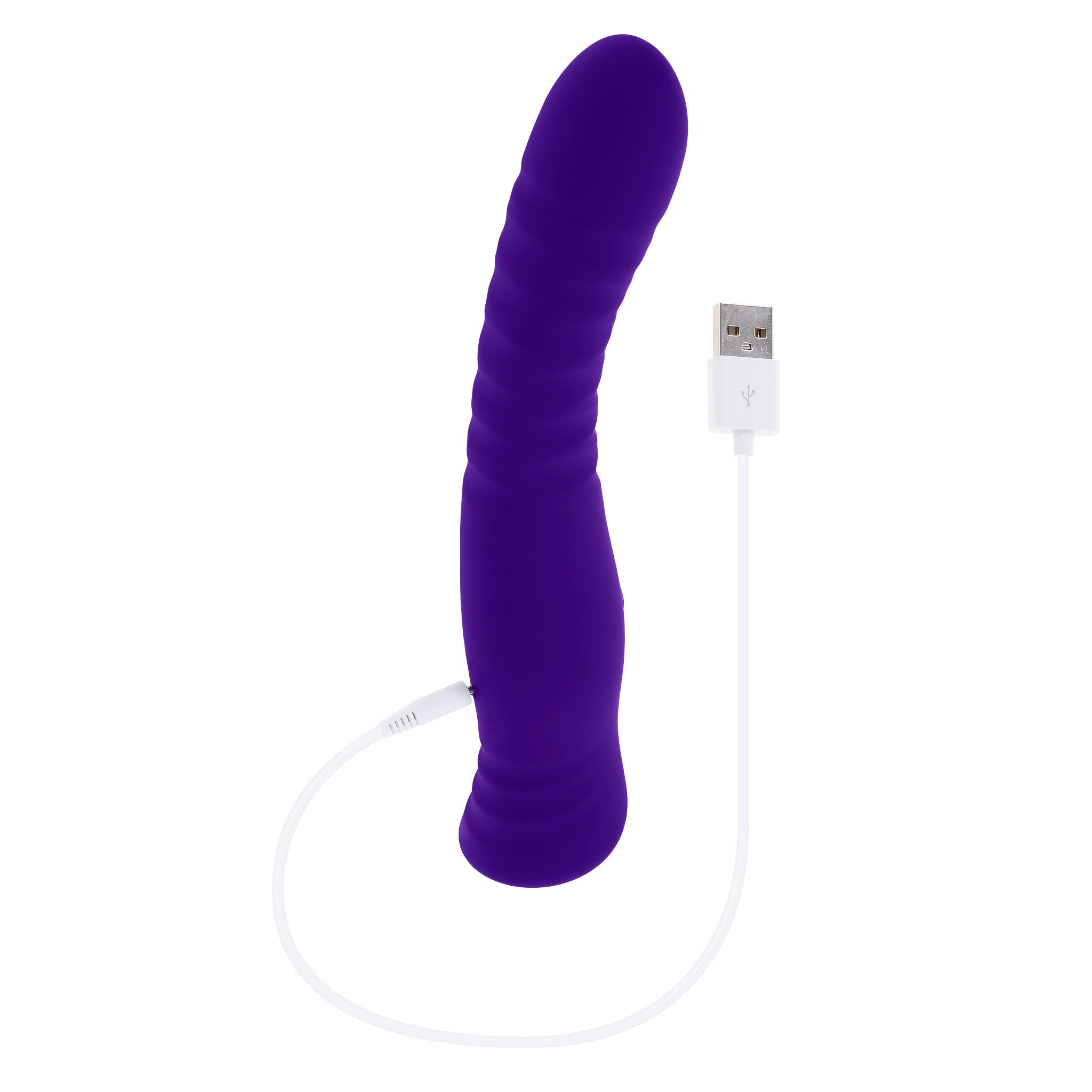 Purple textured silicone vibrator with USB charging cable.