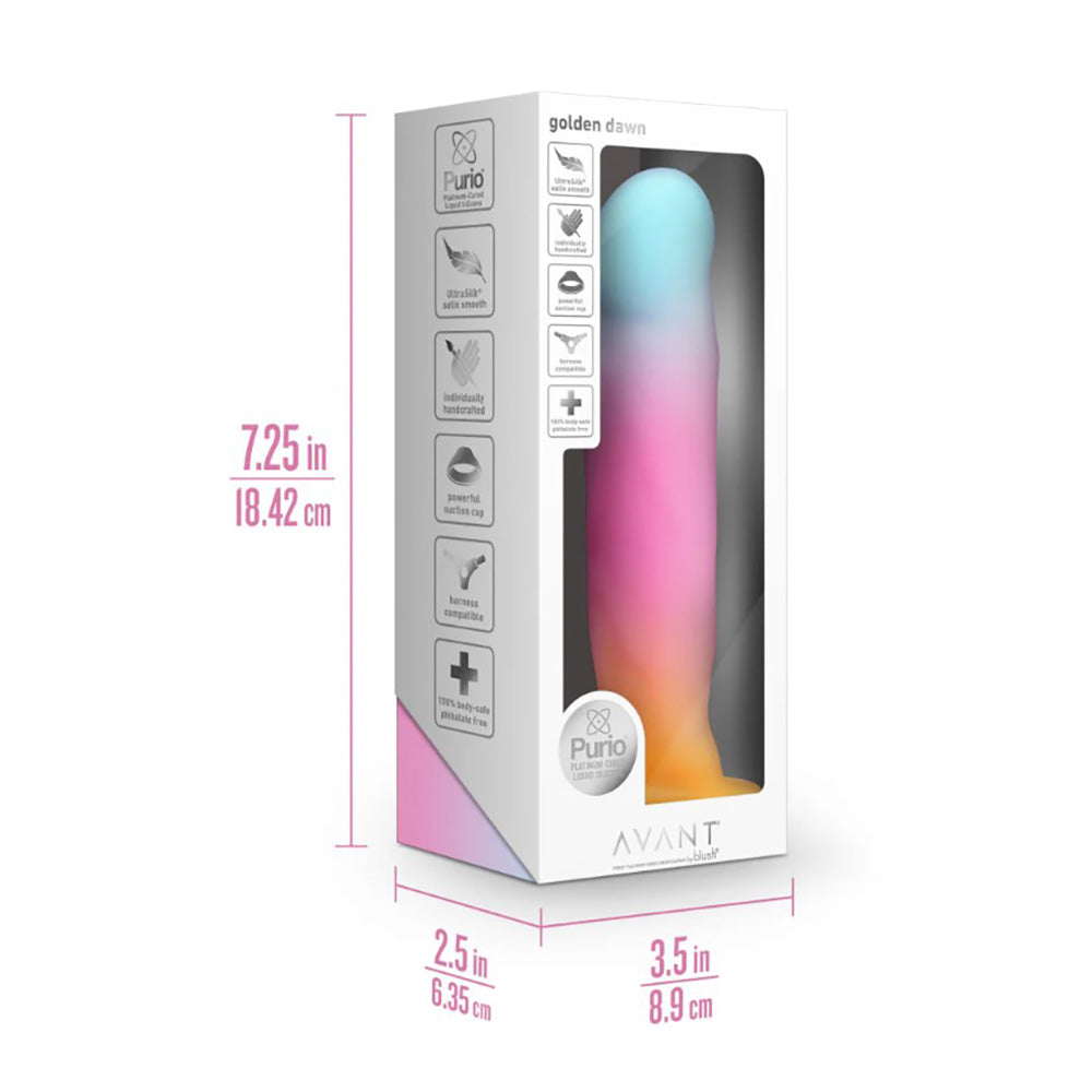 Avant Golden Dawn silicone stimulator in pink, blue, and orange gradient with suction cup base.