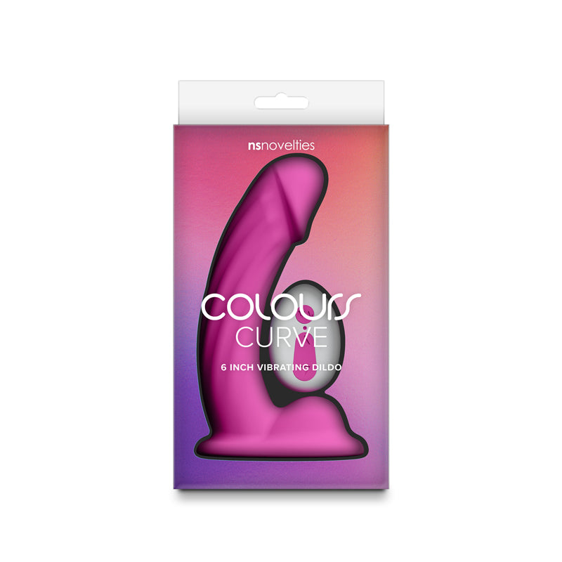 Pink curved vibrating dildo with "Colours Curve" branding.