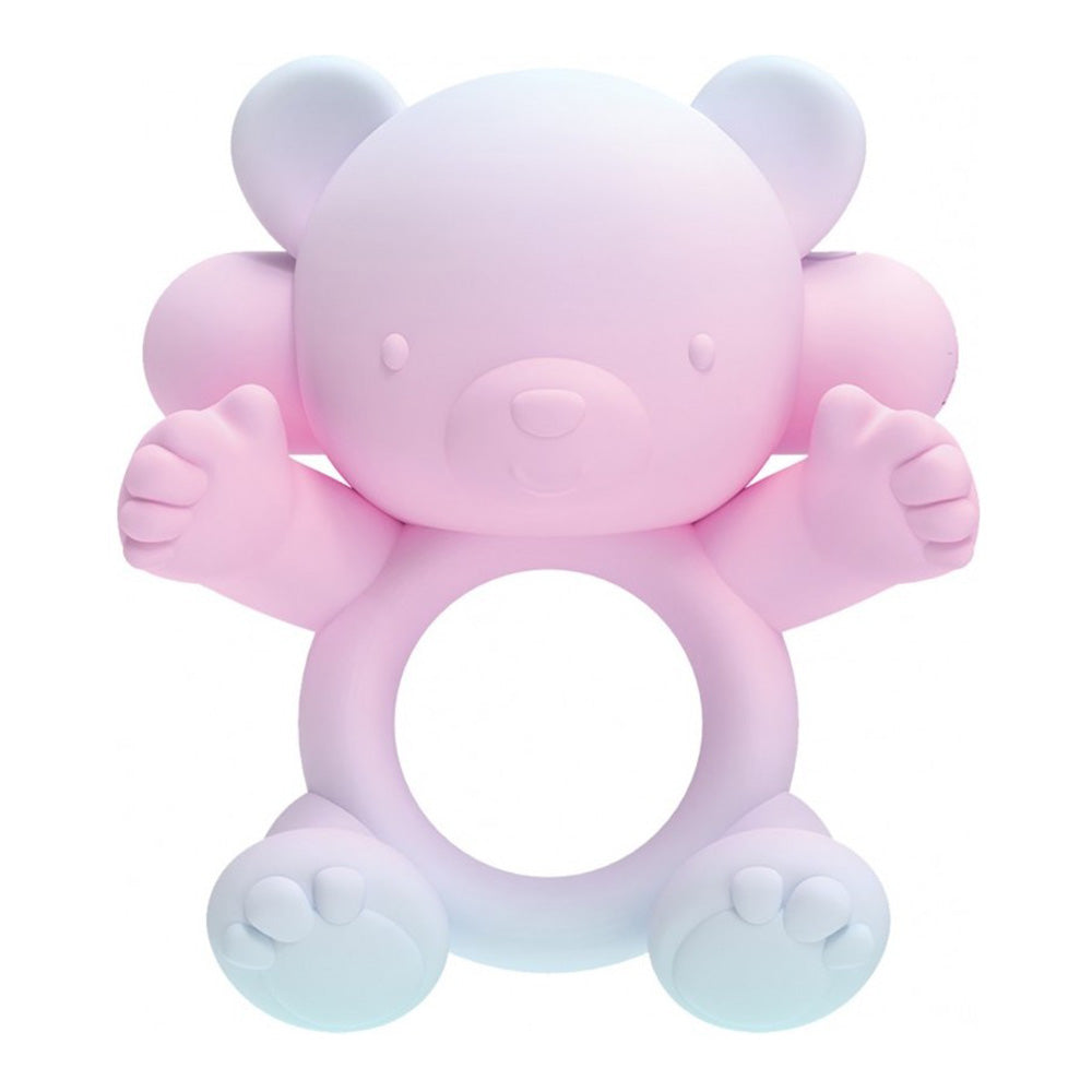 Pink and blue bear-shaped silicone teething ring.