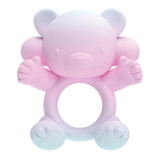 Pink and blue bear-shaped silicone teething ring.
