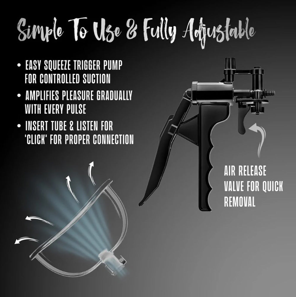 A black pump with a clear cup and instructions for use.