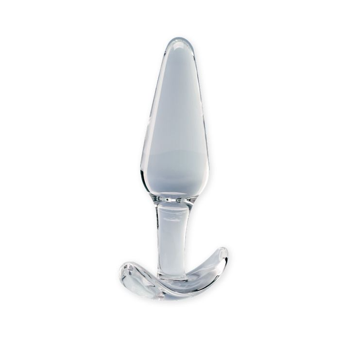 A clear glass anal plug with a flared base.