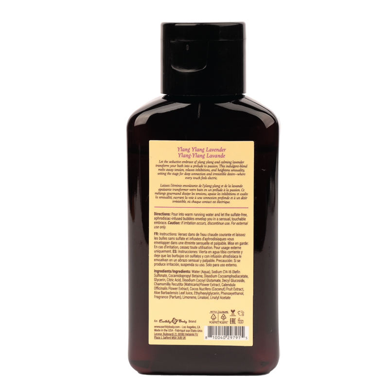 A bottle of Ylang Ylang Lavender bubble bath with product information.