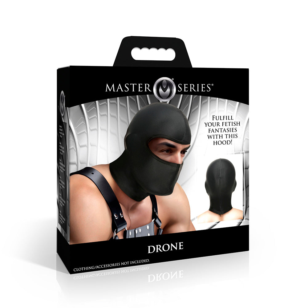 Black spandex fetish hood with eye openings and zipper back.