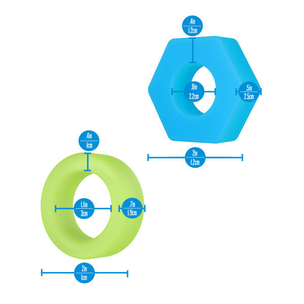 Two silicone rings, one green and one blue, with size measurements.