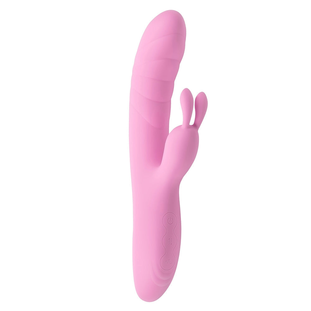 Pink rabbit vibrator with textured shaft and dual stimulators.