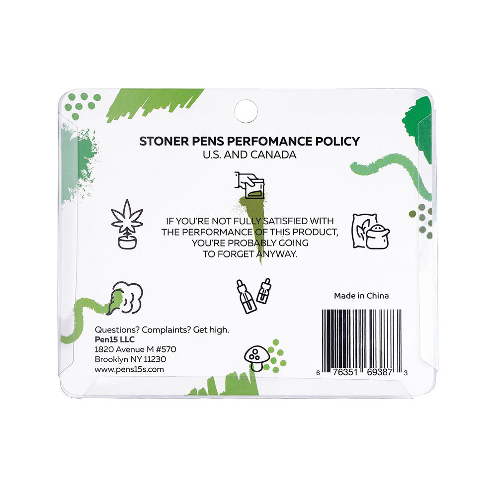 Pot Pens novelty writing set with cannabis leaf and rocket ship graphics.