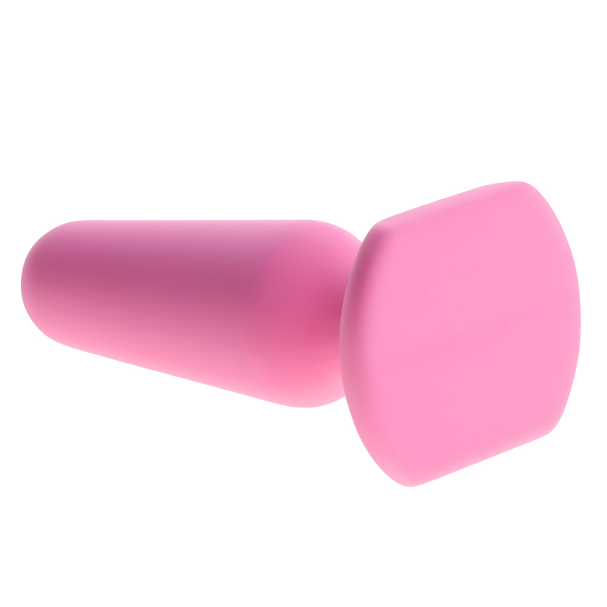 A pink silicone anal plug with a tapered end and a flared base.