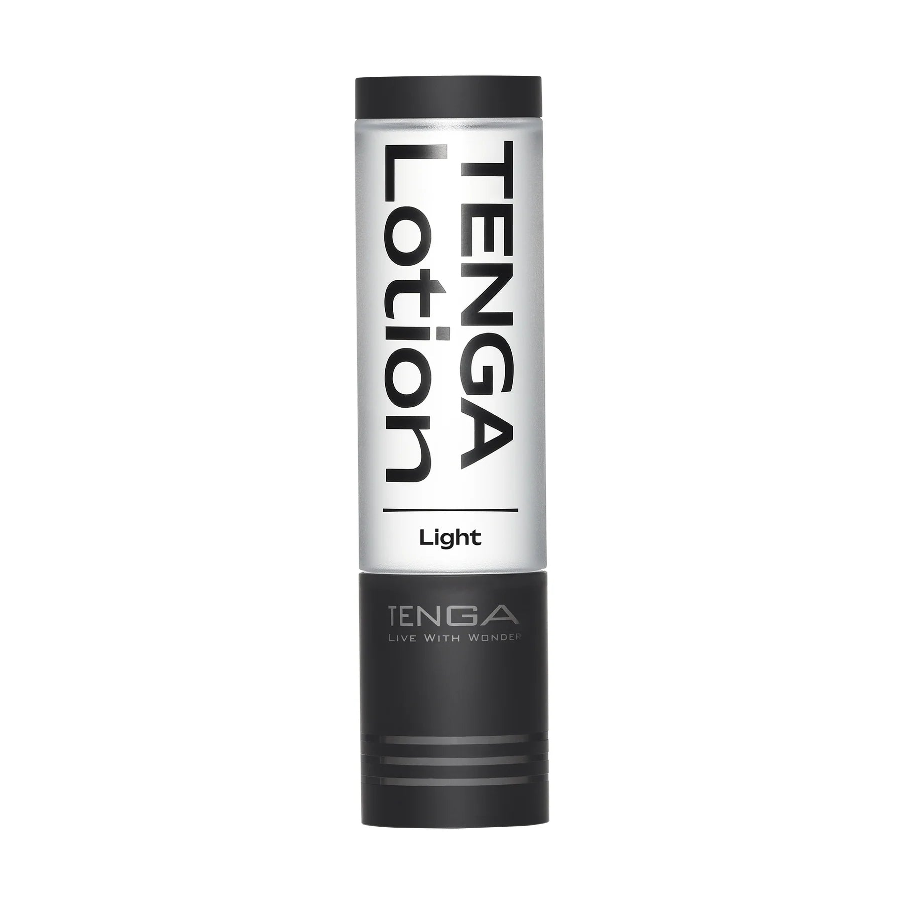 Tenga Water-Based Personal Lubricant Light in a clear bottle with a black cap and base.