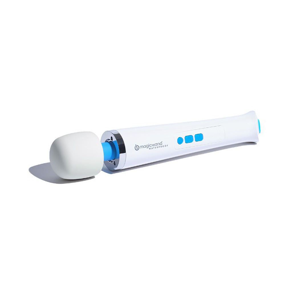 A white Magic Wand waterproof massager with a blue accent and a white head.