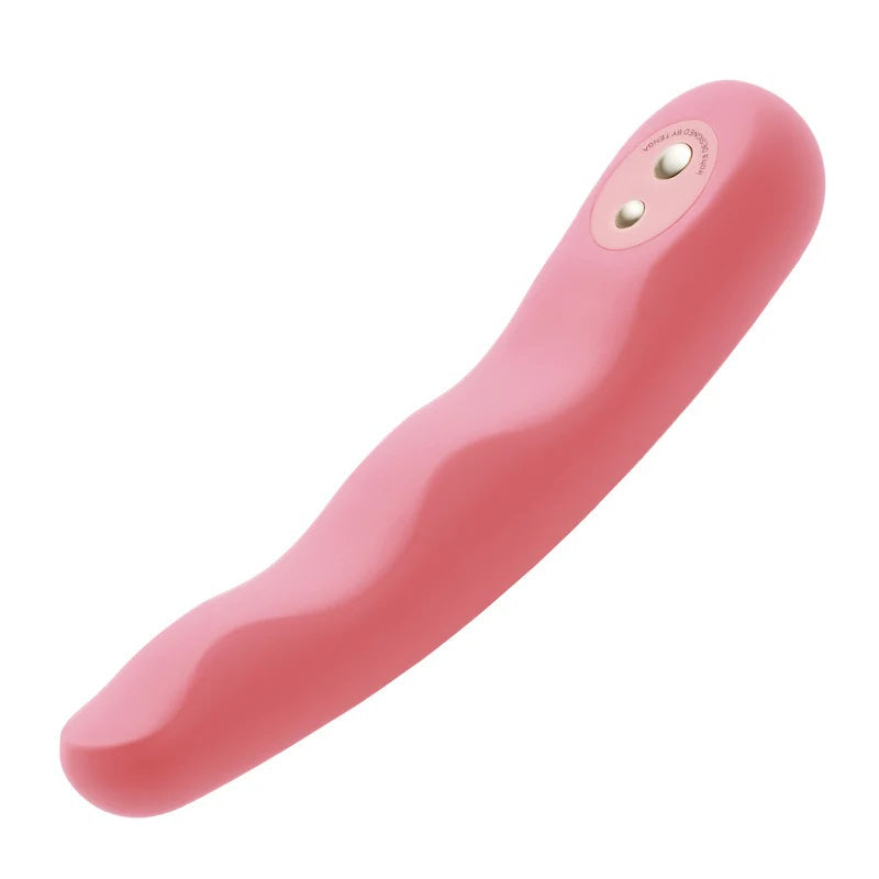 A pink, flexible silicone vibrator with two buttons on top.