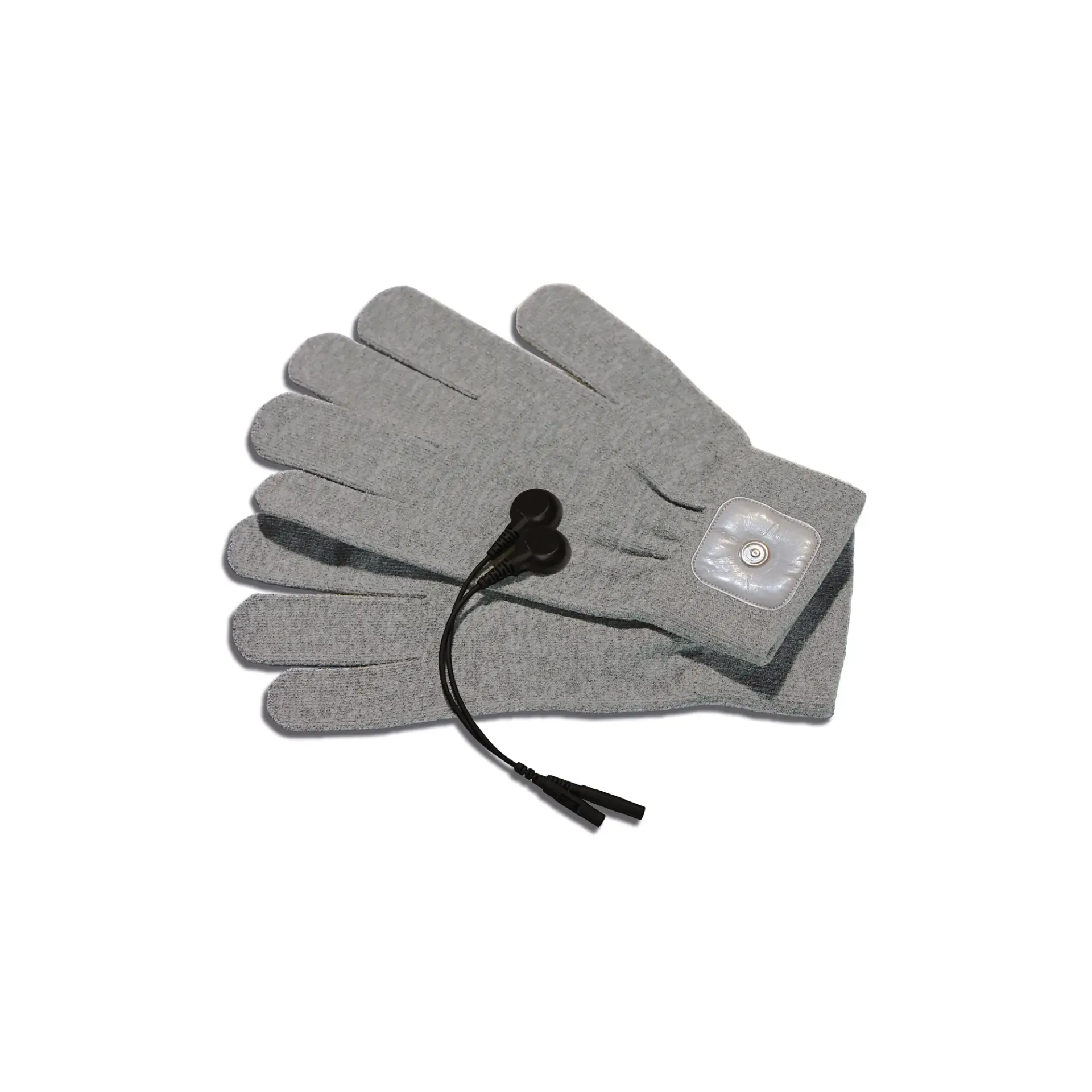 Grey conductive gloves with a black connector and a clear patch on the wrist.