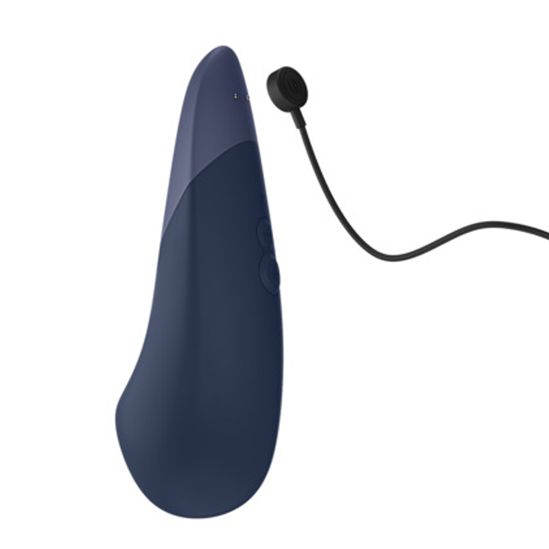 Dark blue clitoral vibrator with charging cable.