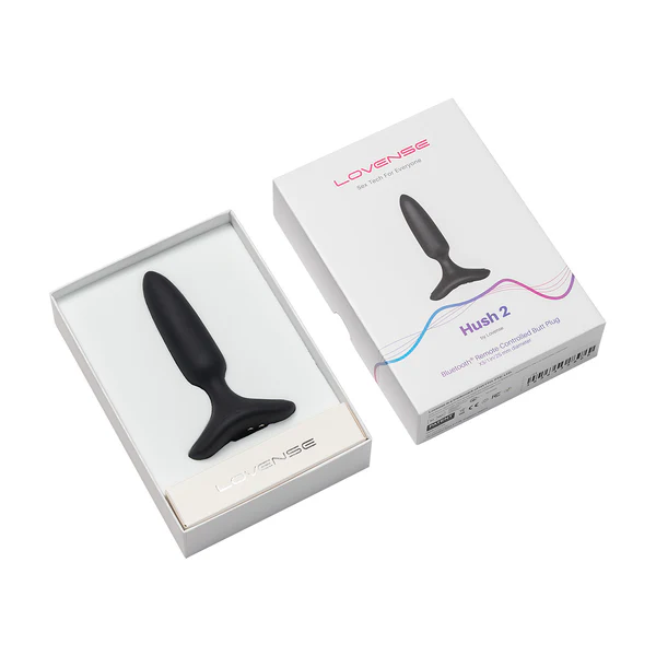 Black Lovense Hush 2 app-controlled vibrating butt plug in packaging.