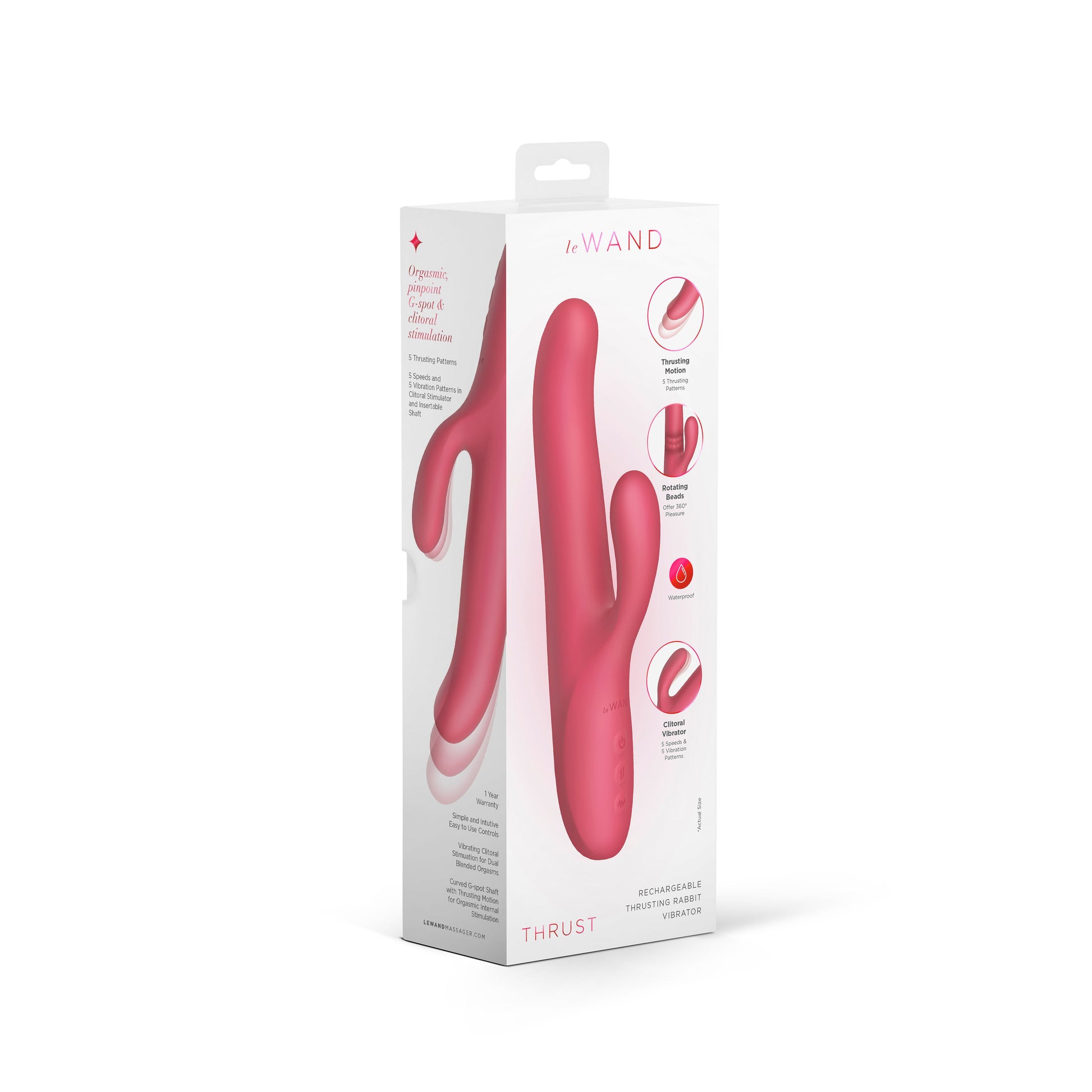 A pink Le Wand Thrusting Rabbit G-Spot Vibrator with a curved shaft and clitoral stimulator.