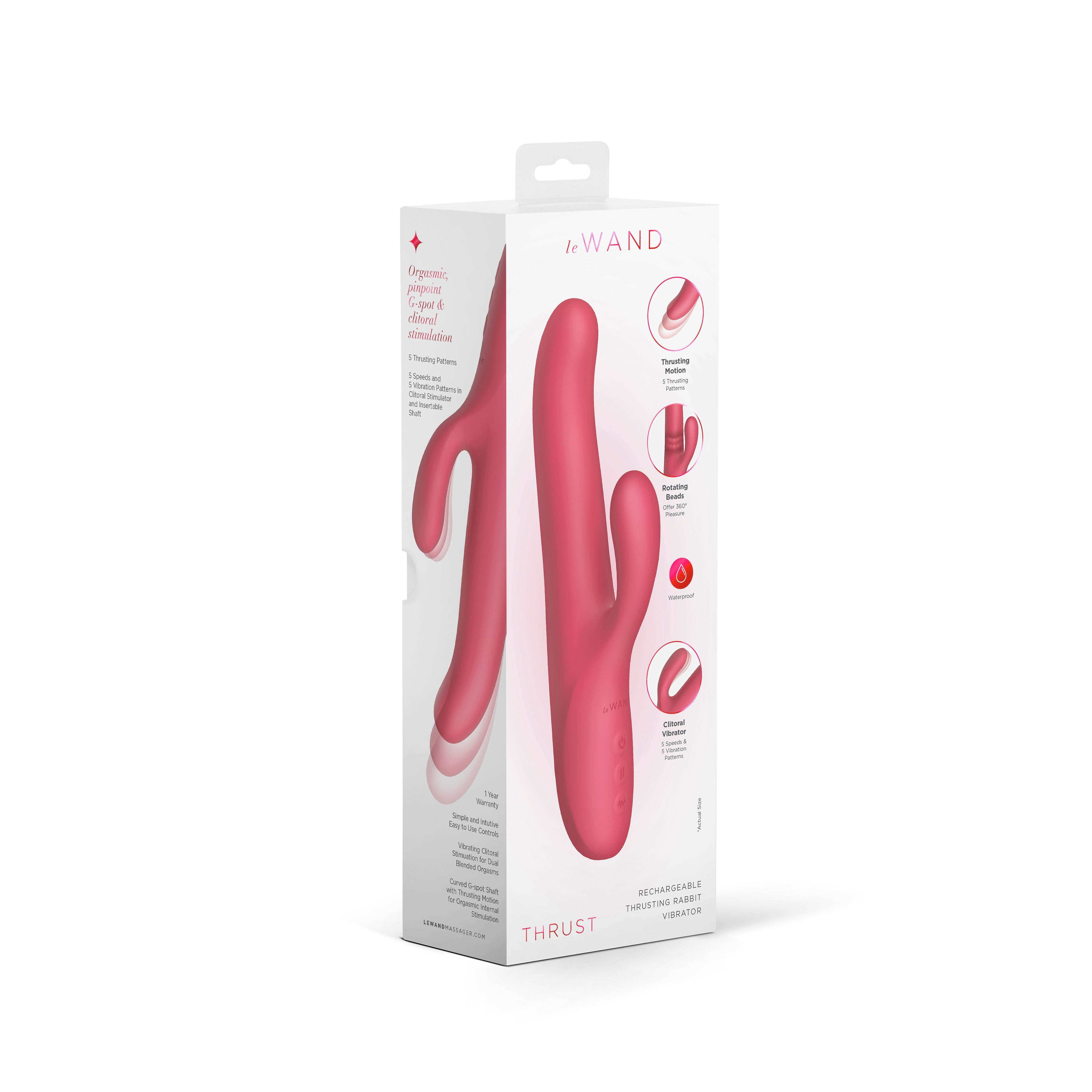 A pink Le Wand Thrusting Rabbit G-Spot Vibrator with a curved shaft and clitoral stimulator.