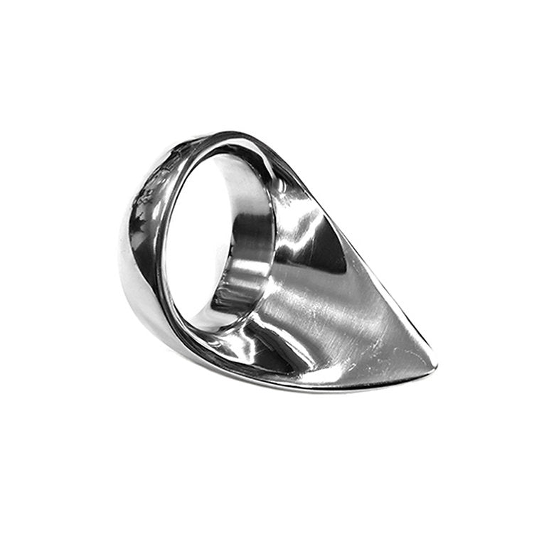 Polished stainless steel tear drop cock ring with prostate stimulator.