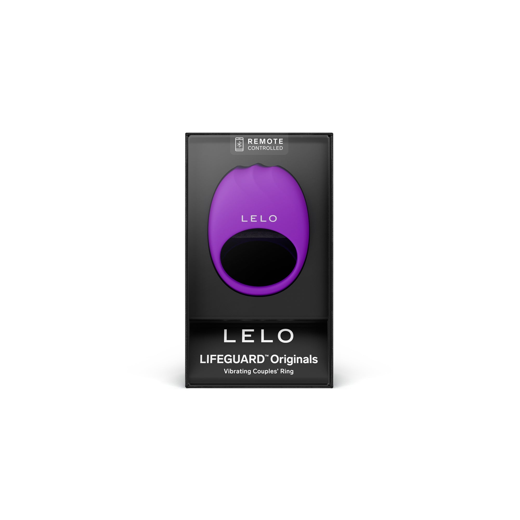 A purple LELO vibrating couples ring in its packaging.