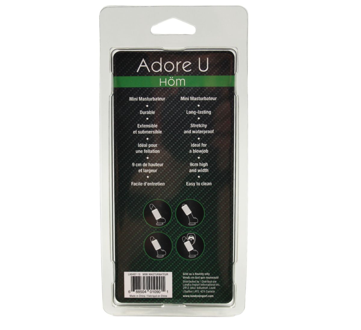 Adore U Höm Mini Masturbator packaging with product features listed.