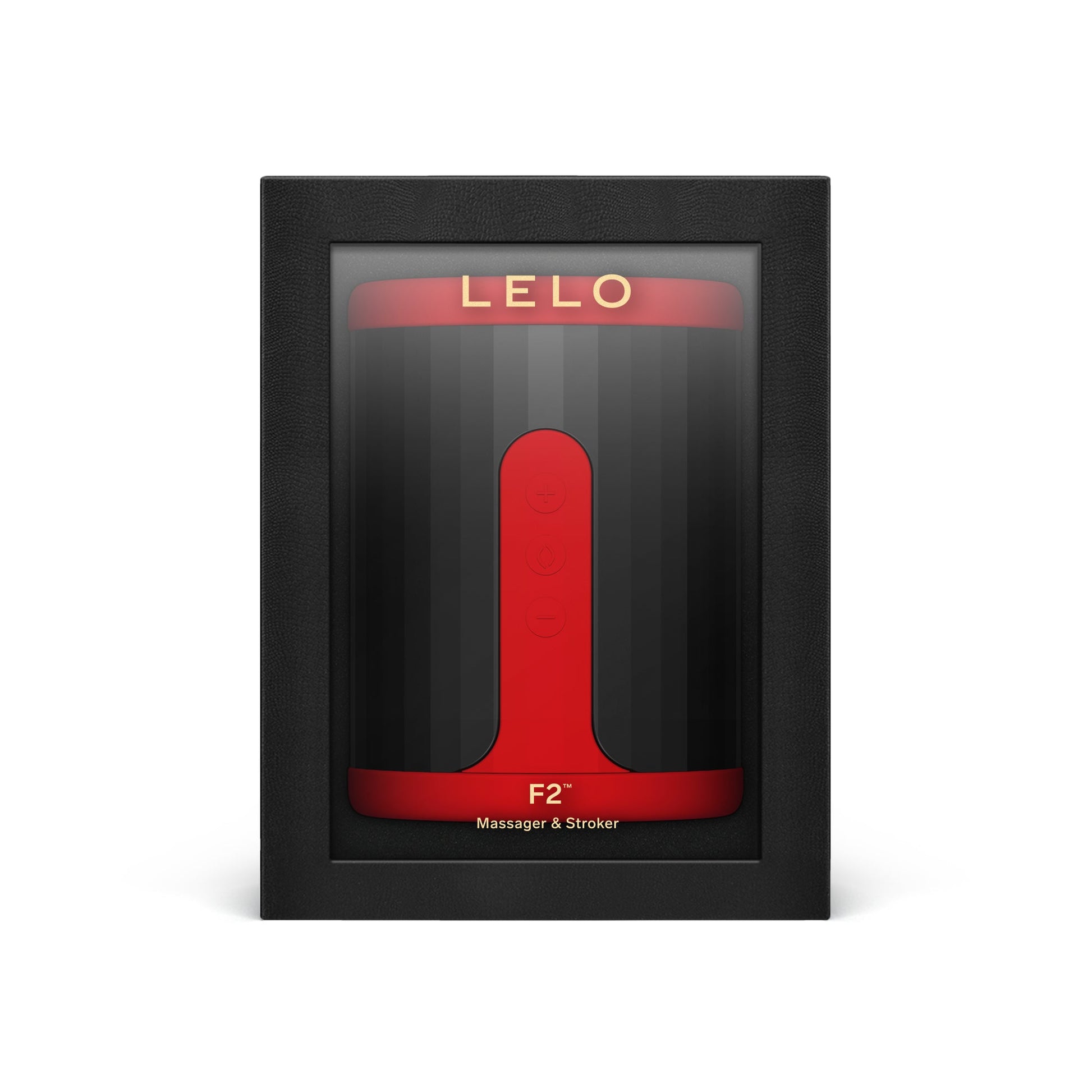 LELO F2S red app-controlled liquid silicone men's stroker in a black display box.