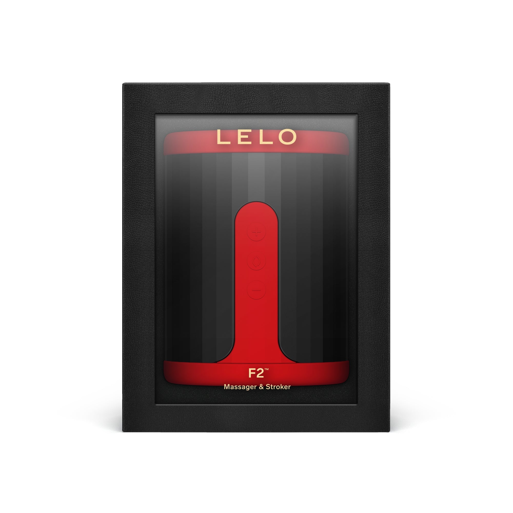 LELO F2S red app-controlled liquid silicone men's stroker in a black display box.