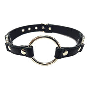 Black leather choker with a silver O-ring and adjustable buckle strap.