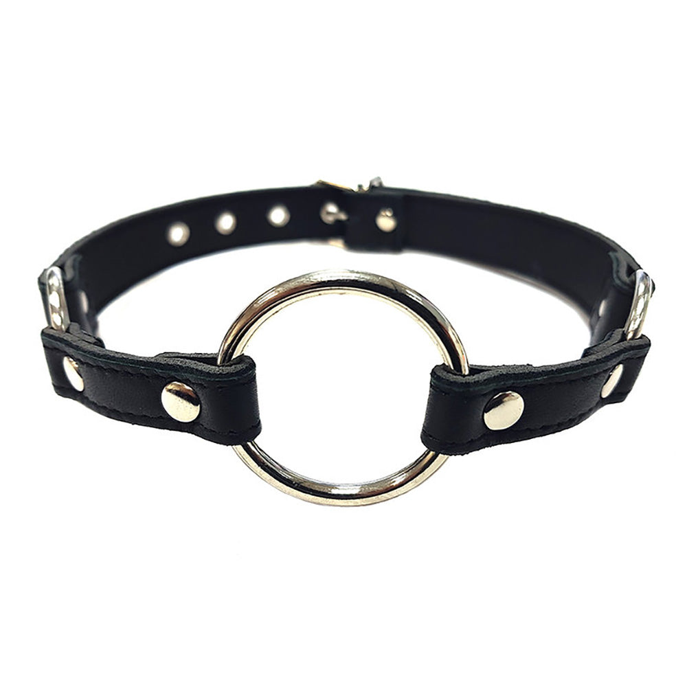 Black leather choker with a silver O-ring and adjustable buckle strap.