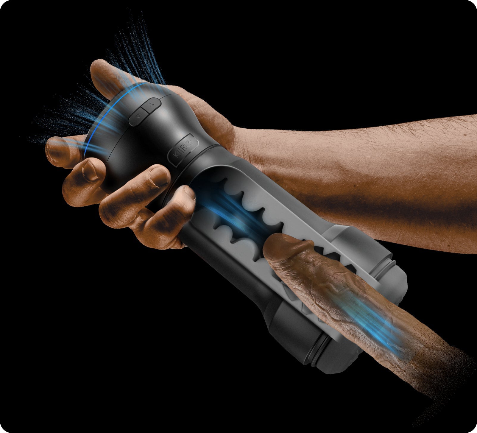 App-controlled stroker and suction device in black and gray.