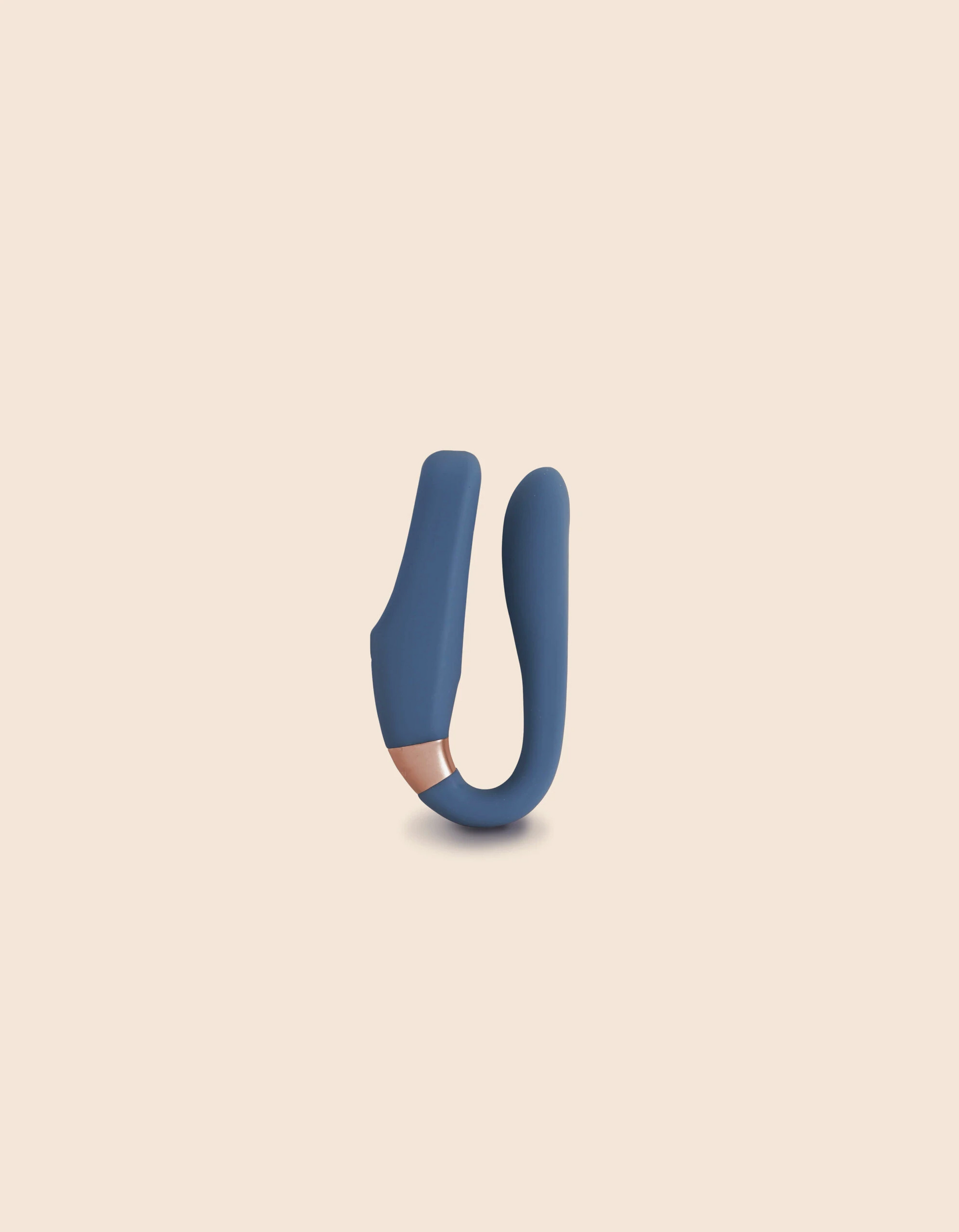Blue wearable remote control vibrator with rose gold accent.